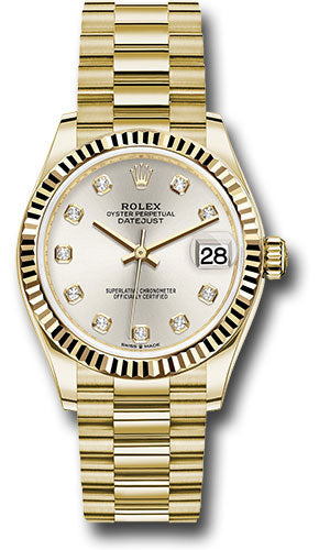 Rolex Yellow Gold Datejust - 31 MM - President Bracelet - Fluted Bezel - Silver Diamond Dial - 278278 sdp