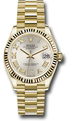 Rolex Yellow Gold Datejust - 31 MM - President Bracelet - Fluted Bezel - Silver Diamond Six Dial - 278278 sdr6p