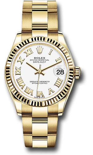 Rolex Yellow Gold Datejust - 31 MM - Oyster Bracelet - Fluted Bezel - White Roman Dial - 278278 wro