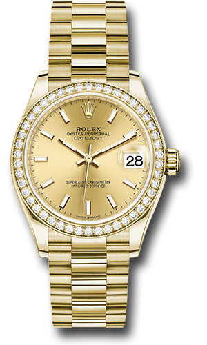 Rolex Yellow Gold Datejust - 31 MM - President Bracelet - Diamond Bezel - Champagne Index Dial - 278288RBR chip