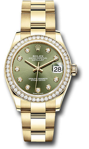 Rolex Yellow Gold Datejust - 31 MM - Oyster Bracelet - Diamond Bezel - Olive Green Diamond Dial - 278288RBR ogdo