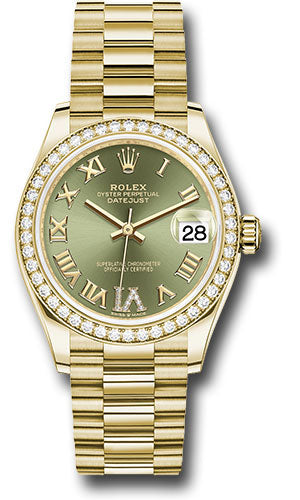 Rolex Yellow Gold Datejust - 31 MM - President Bracelet - Diamond Bezel - Olive Green Diamond Six Dial - 278288RBR ogdr6p