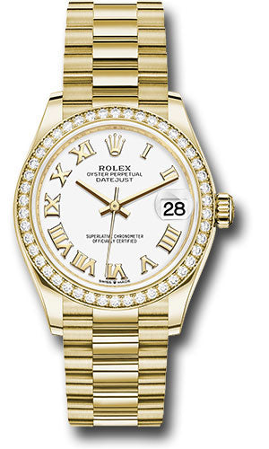 Rolex Yellow Gold Datejust - 31 MM - President Bracelet - Diamond Bezel - White Roman Dial - 278288RBR wrp