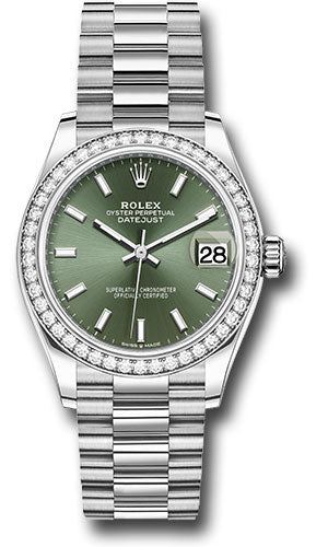 Rolex White Gold Datejust - 31 MM - President Bracelet - Diamond Bezel - Mint Green Index Dial - 278289rbr mgip