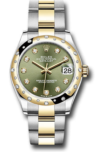 Rolex Steel and Yellow Gold Datejust - 31 MM - Oyster Bracelet - Domed Diamond Bezel - Olive Green Diamond Dial - 278343 ogdo