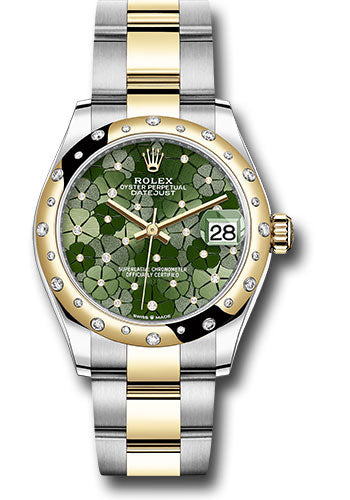 Rolex Steel and Yellow Gold Datejust - 31 MM - Oyster Bracelet - Domed Diamond Bezel - Olive Green Floral Motif Diamond 6 Dial - 278343rbr ogflomdo