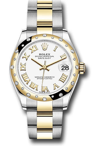 Rolex Steel and Yellow Gold Datejust - 31 MM - Oyster Bracelet - Domed Diamond Bezel - White Roman Dial - 278343 wro