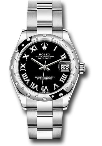 Rolex Steel and White Gold Datejust - 31 MM - Oyster Bracelet - Domed 24 Diamond Bezel - Black Roman Dial - 278344RBR bkro