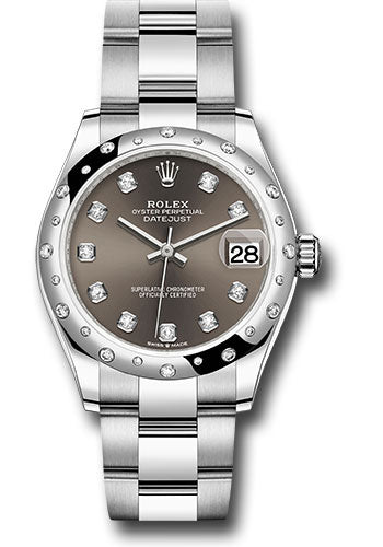 Rolex Steel and White Gold Datejust - 31 MM - Oyster Bracelet - Domed 24 Diamond Bezel - Dark Grey Diamond Dial - 278344RBR dkgdo