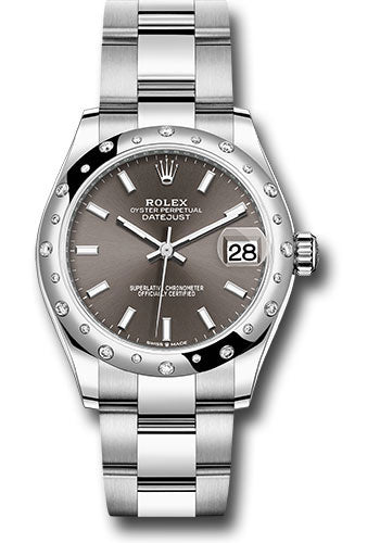 Rolex Steel and White Gold Datejust - 31 MM - Oyster Bracelet - Domed 24 Diamond Bezel - Dark Grey Index Dial - 278344RBR dkgio