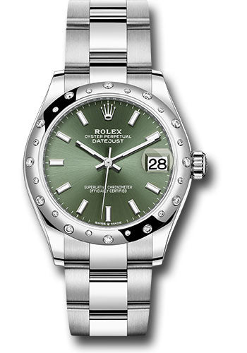 Rolex Steel and White Gold Datejust - 31 MM - Oyster Bracelet - Domed 24 Diamond Bezel - Mint Green Index Dial - 278344RBR mgio