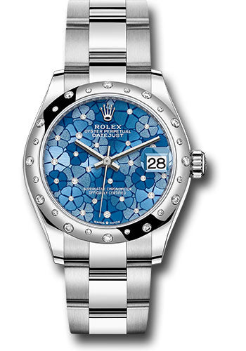 Rolex Steel and White Gold Datejust - 31 MM - Oyster Bracelet - Domed 24 Diamond Bezel - Azzurro Blue Floral Motif Diamond Dial - 278344rbr azflomdo