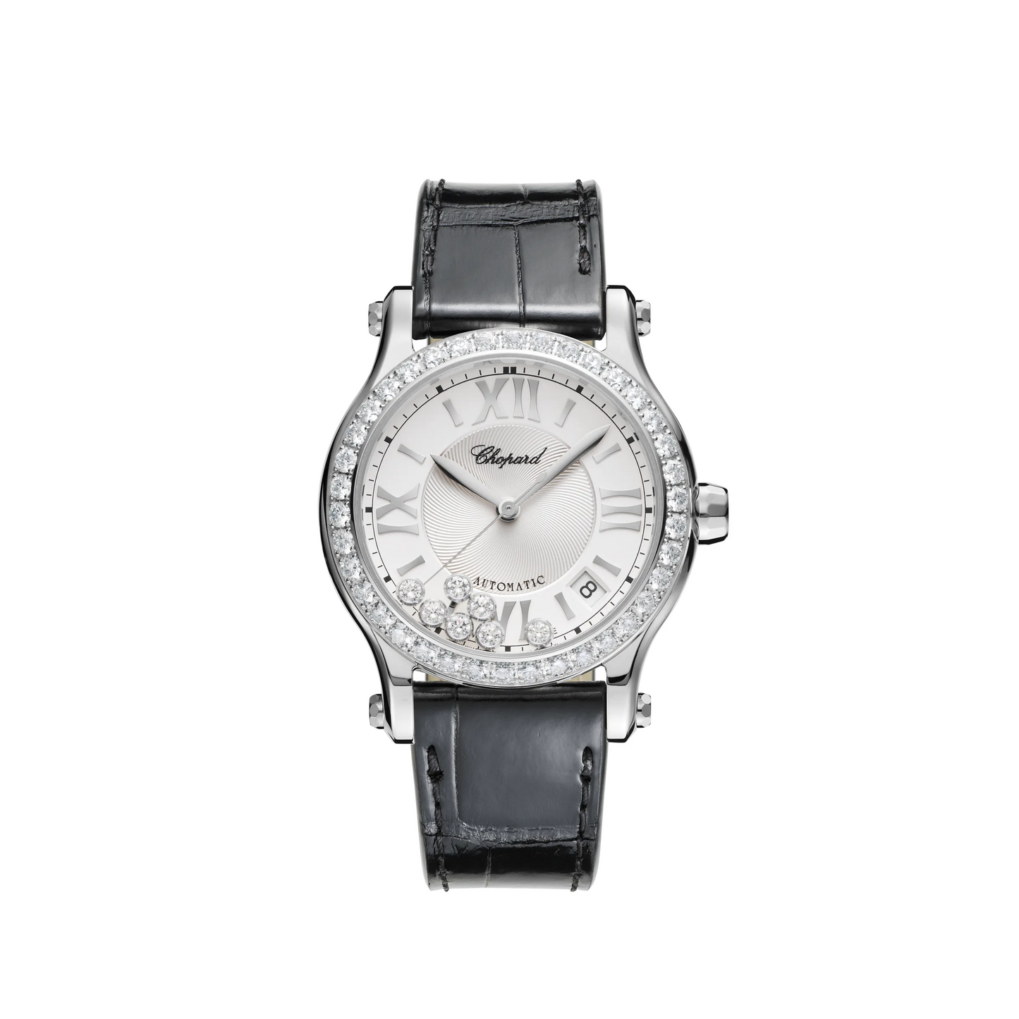 Chopard Happy Sport Stainless Steel 36 MM - Black Leather Strap - Diamond bezel - White Diamond Dial - 278559-3003