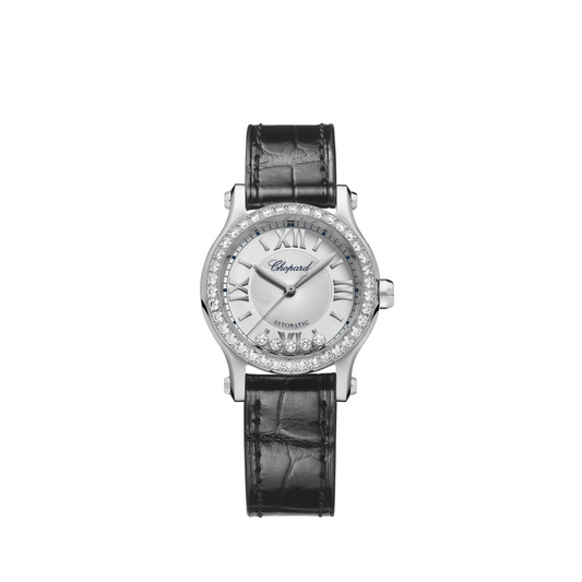 Chopard Happy Sport Stainless Steel 30 MM - Black Alligator Strap - Diamond Bezel -  White Diamond Dial - 278573-3013