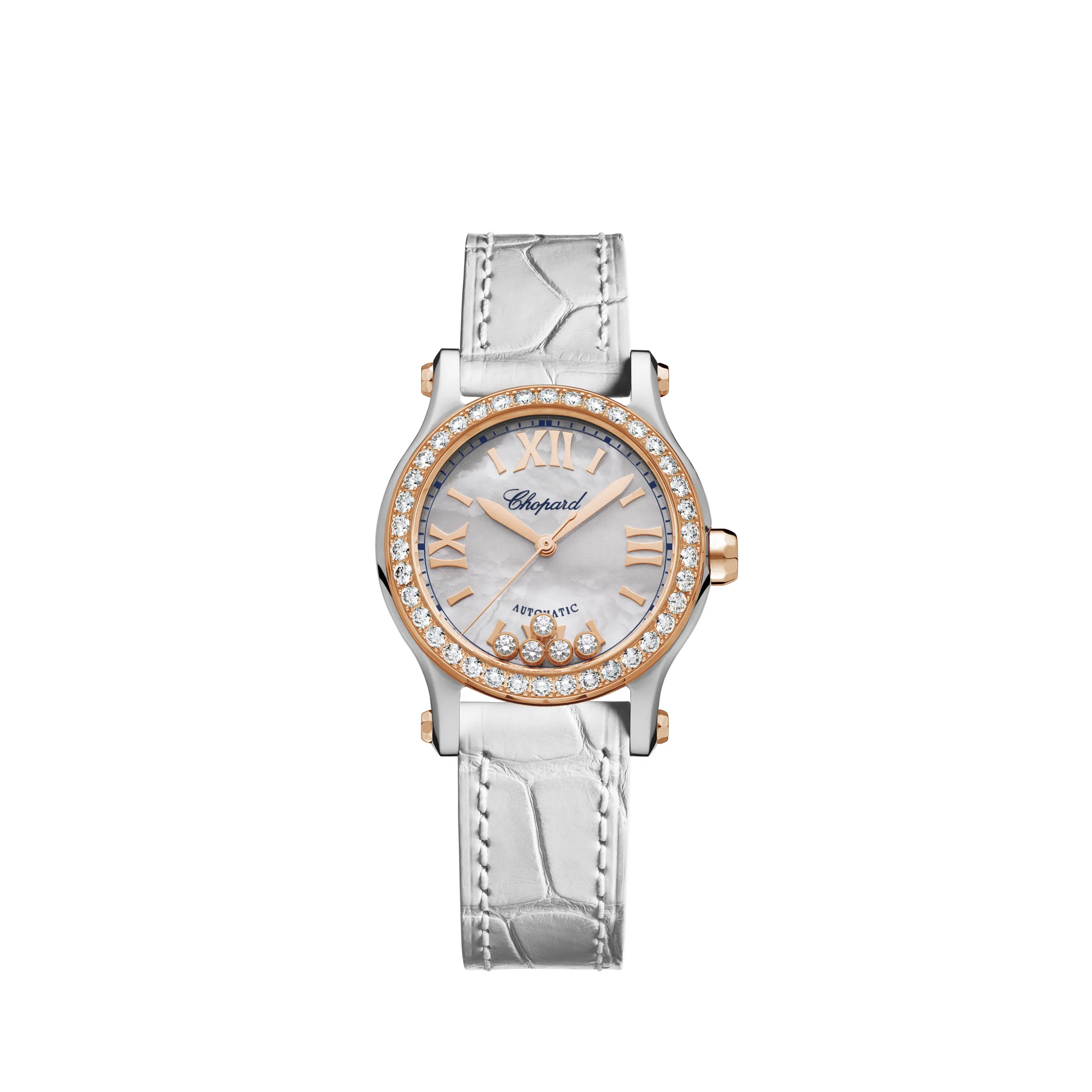 Chopard Happy Sport Stainless steel and Rose Gold 30 MM - White Alligator Strap - Diamond Bezel - White Diamond Dial - 278573-6020