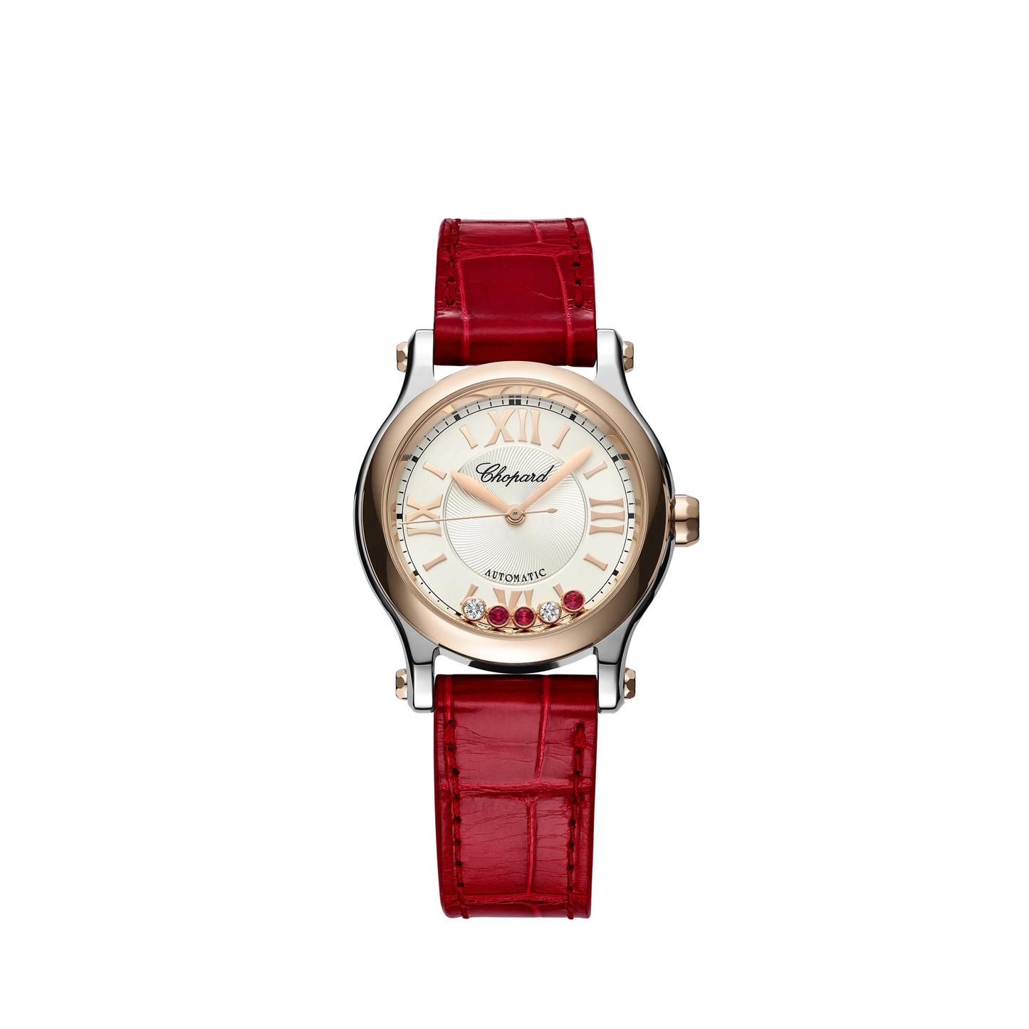 Chopard Happy Sport Stainless Steel and Rose Gold 30 MM - Red Alligator Strap - White Diamond Dial - 278573-6026