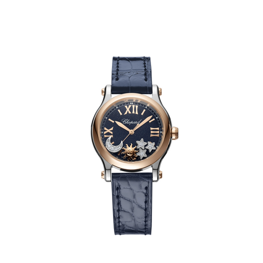 Chopard Happy Stainless Steel and Rose Gold 30 MM - Blue Leather Strap - Blue Diamond Dial - 278573-6027