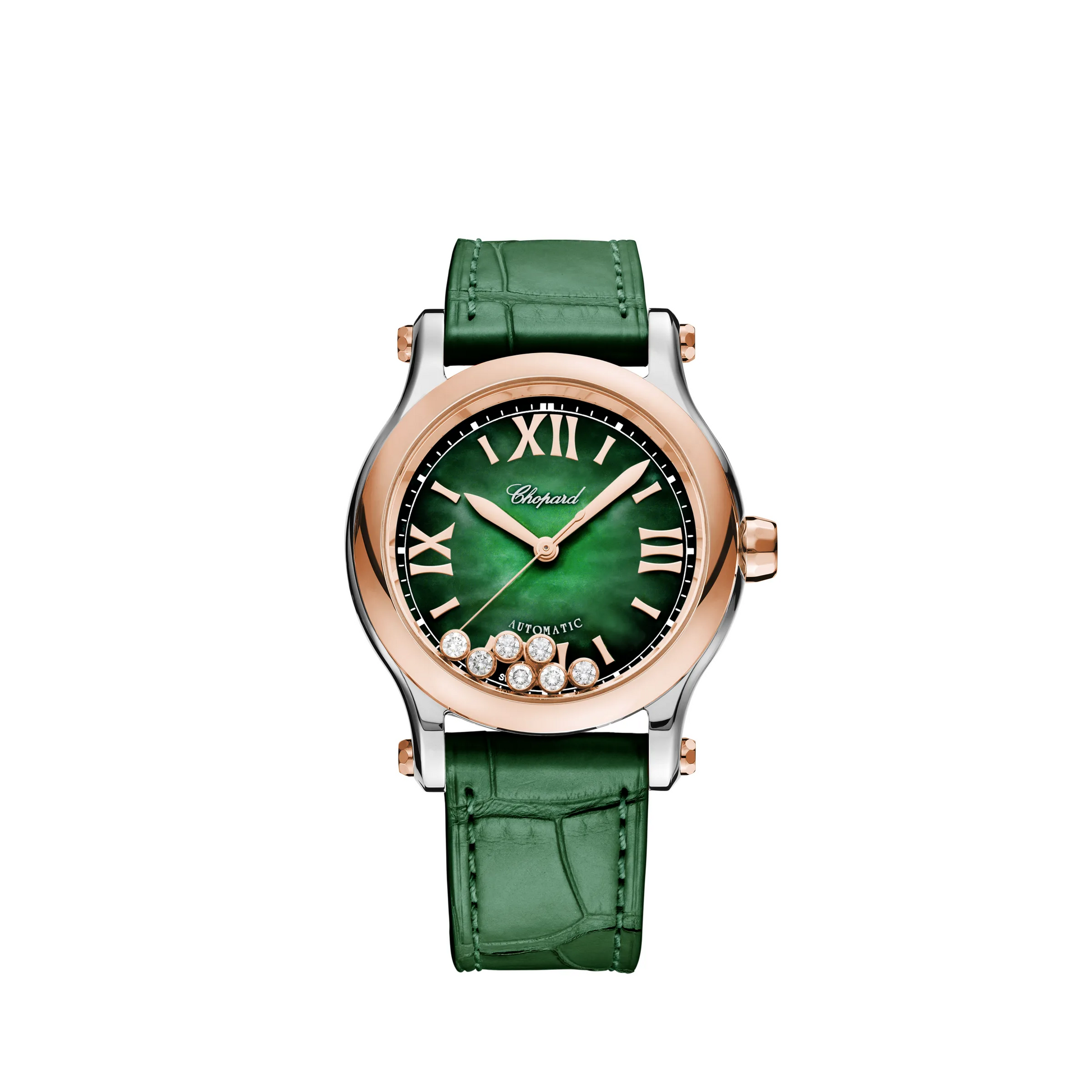 Chopard Happy Sport Stainless Steel and Rose Gold 36 MM - Green Leather Strap - Green Diamond Dial - 278578-6002