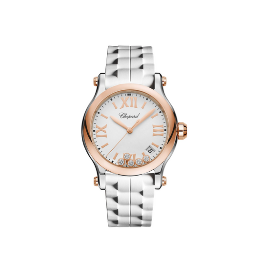 Chopard Happy Sport Stainless Steel and Rose Gold 36 MM - Stainless Steel Bracelet - White Diamond Dial - 278582-6001