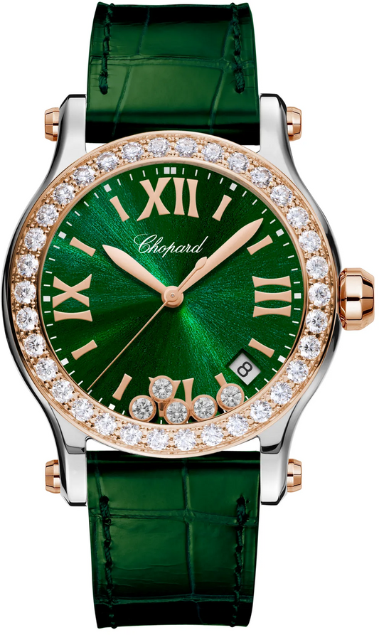 Chopard Happy Sport Stainless Steel and Rose Gold 36 MM - Green Leather Strap - Rose Gold Diamond Bezel - Green Floating Diamond Dial - 278582-6007