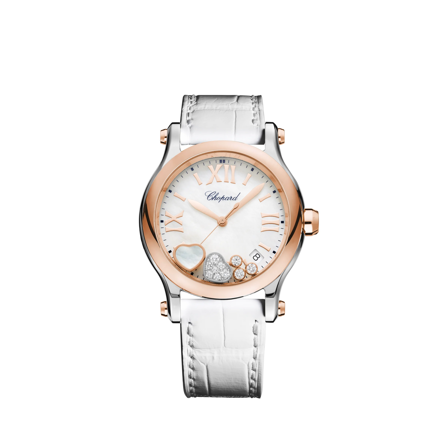 Chopard Happy Sport Stainless Steel and Rose Gold 36 MM - White Leather Strap -  Mother-of-pearl Diamond Dial - 278582-6009