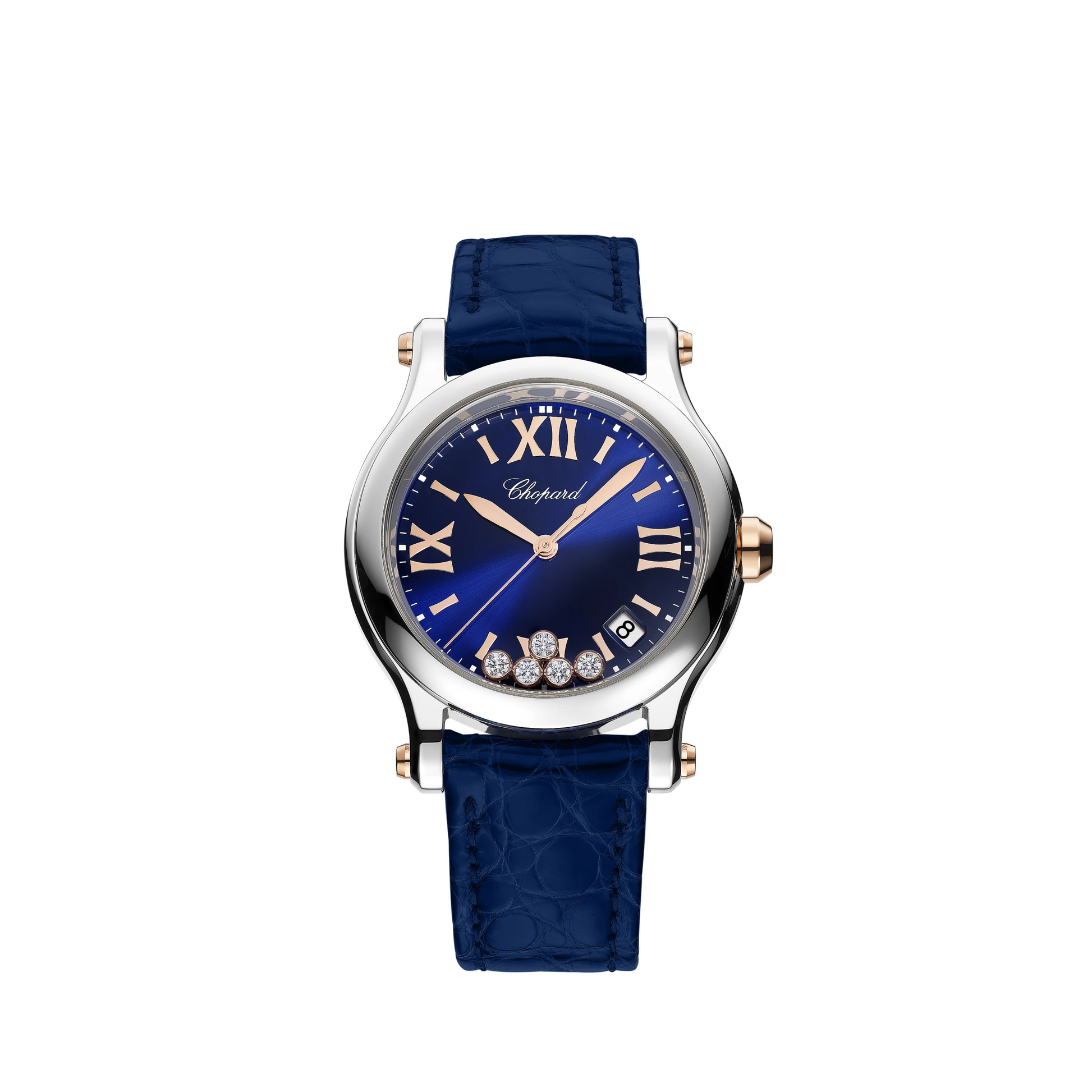 Chopard Happy Sport Stainless Steel and Rose Gold 36 MM - Blue Alligator Strap - Blue Diamond Dial - 278582-6012