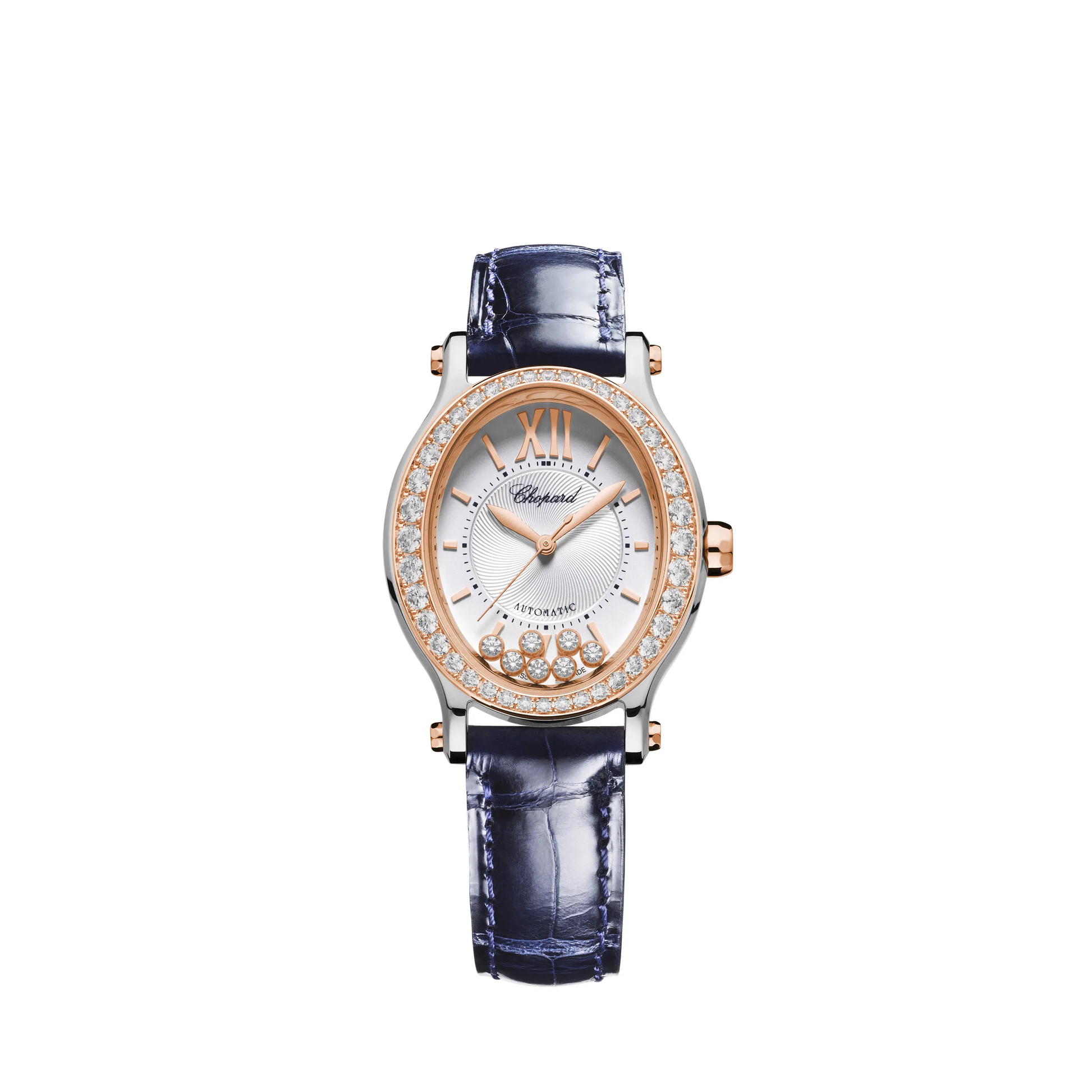 Chopard Happy Sport Stainless Steel and Rose Gold 29 x 31 MM - Blue Alligator Strap - Diamond Bezel - White Diamond Dial - 278602-6003