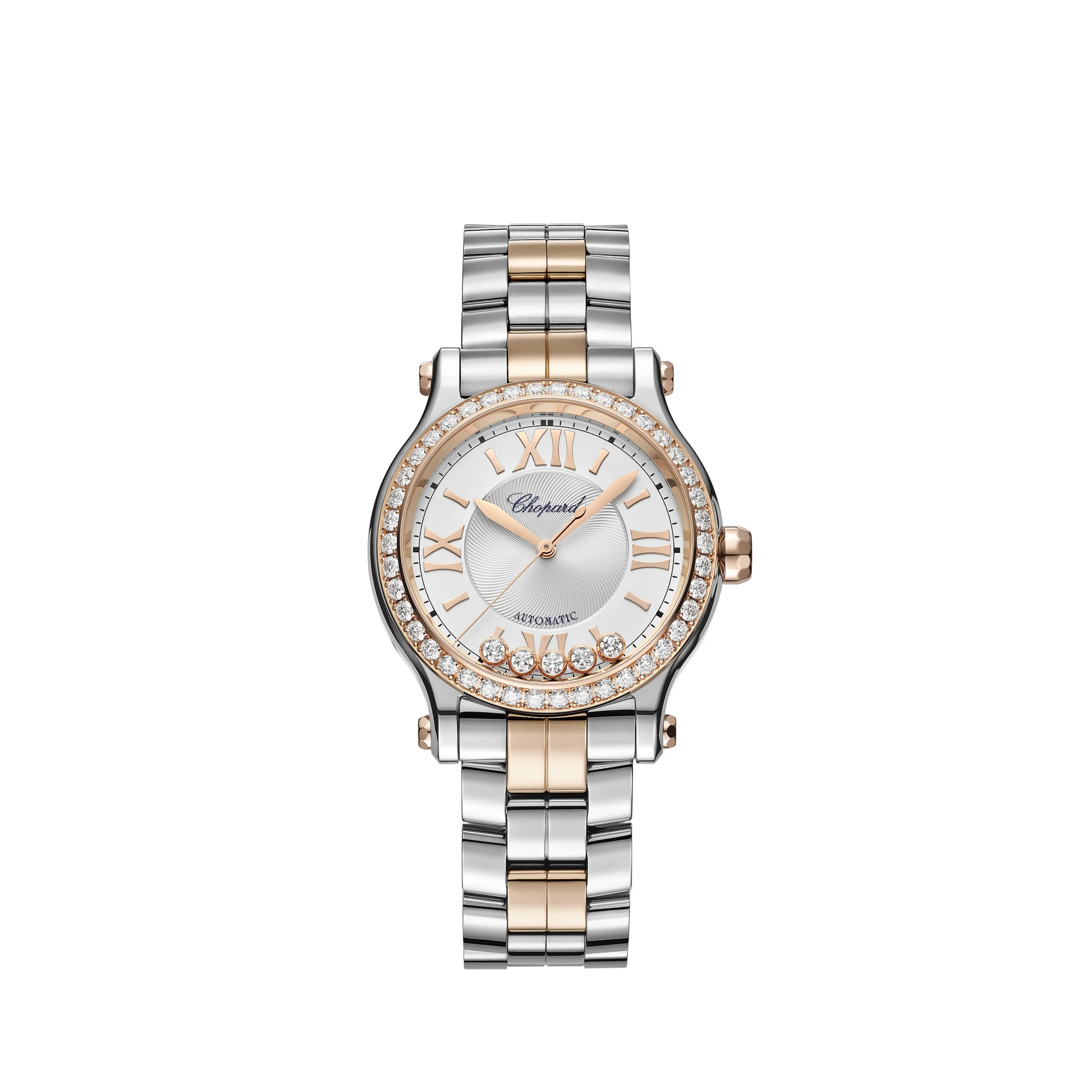 Chopard Happy Sport Stainless Steel and Rose Gold 33 MM - Stainless Steel Bracelet - Diamond Bezel - White Diamond Dial - 278608-6004