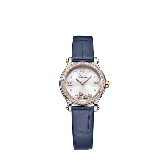 Chopard Happy Stainless Steel and Rose Gold 25 MM - Blue Leather Strap - Diamond Bezel - White Diamond Dial - 278620-6002