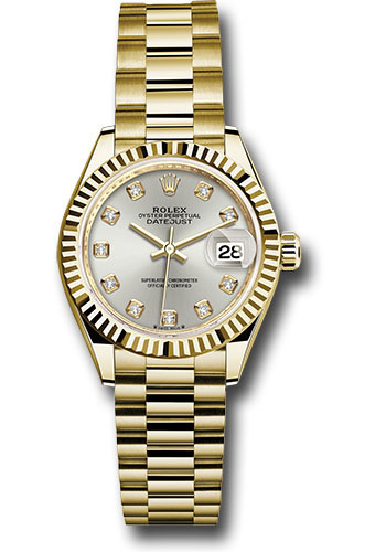 Rolex Yellow Gold Lady-Datejust - 28 MM - Presidential Bracelet - Fluted Bezel - Silver Diamond Dial - 279178 sdp