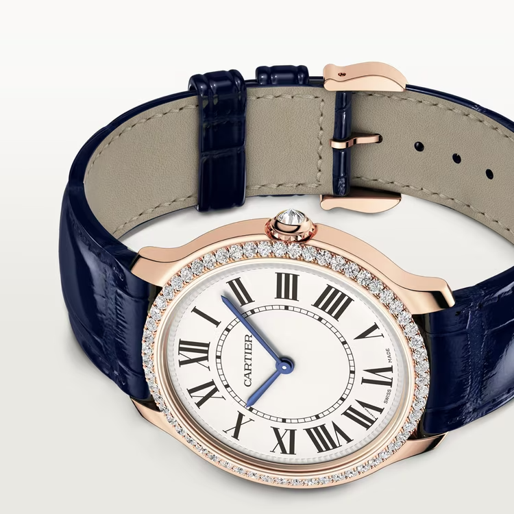 Cartier Ronde Louis Cartier Rose gold 36 MM - Blue Alligator Leather Strap - Diamond Bezel - Sandblasted Beige Dial - WJRN0010