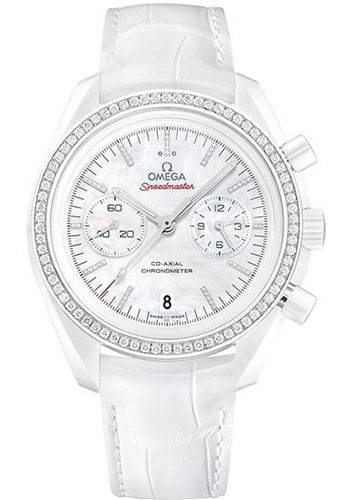 Omega Speedmaster White Ceramic 44.25 MM - White Leather Strap - Diamond Bezel - White Mother -Of- Pearl Dial - 311.98.44.51.55.001