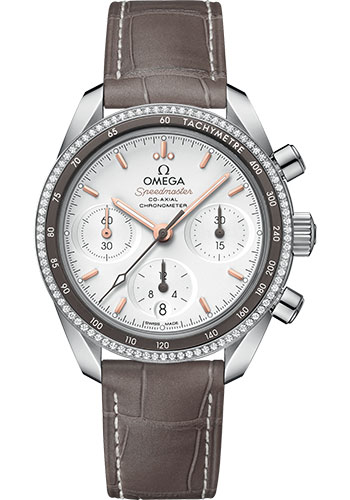 Omega Speedmaster Stainless Steel 38 MM - Brown Leather Strap - Diamond Bezel - Silvery Dial - 324.38.38.50.02.001