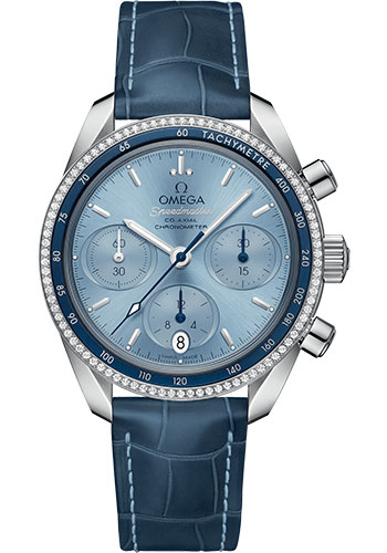 Omega Speedmaster Stainless Steel 38 MM - Blue Leather Strap - Diamond Bezel - Ice Blue Dial - 324.38.38.50.03.001
