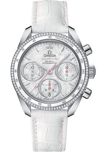 Omega Speedmaster Stainless Steel 38 MM - White Leather Strap - Diamond Bezel - Mother-Of-Pearl Diamond Dial - 324.38.38.50.55.001