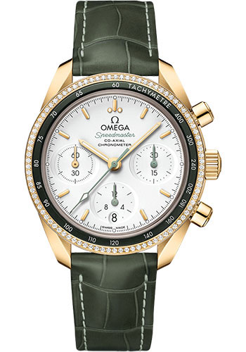 Omega Speedmaster Yellow Gold 38 MM - Green Leather Strap - Diamond Bezel - Opaline Silvery Dial - 324.68.38.50.02.004