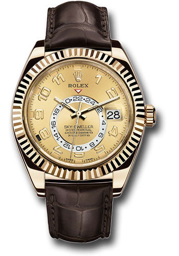 Rolex Yellow Gold Sky Dweller Watch - 42 MM - Leather Strap - Champagne Dial -  326138 ch