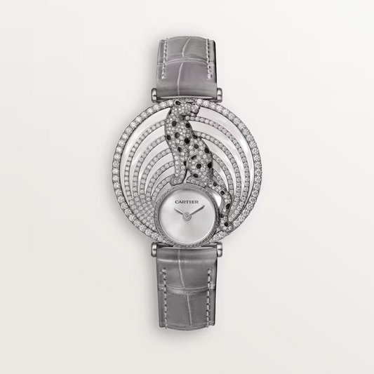 Cartier Panthére White Gold 35 MM - Shiny Gray Alligator Strap - Diamond Bezel - Silvered Sunray Effect Dial - HPI01014
