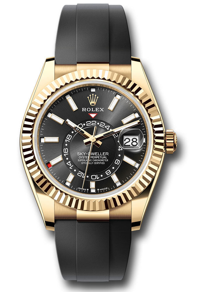 Rolex Yellow Gold Sky Dweller Watch - 42 MM - Oysterflex Strap - Fluted Ring Command Bezel - Black Index Dial - 336238 bkiof