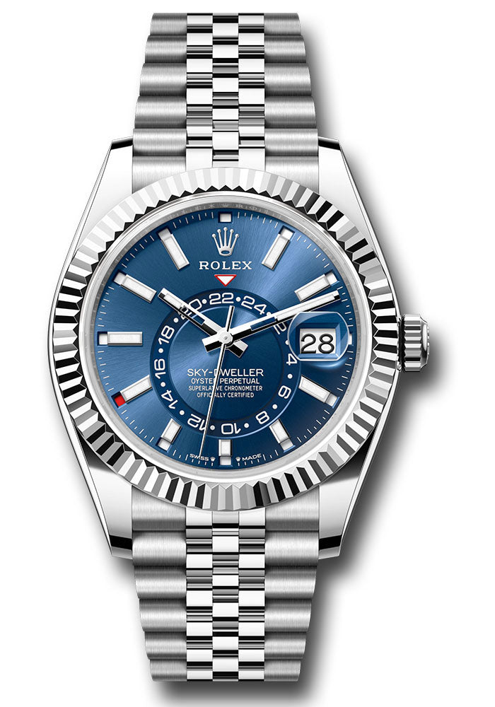 Rolex Stainless Steel and White Gold Sky Dweller Watch - 42 MM - Jubilee Bracelet - Fluted Ring Command Bezel - Blue Index Dial - 336934 blij