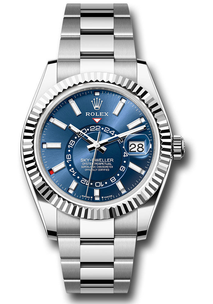 Rolex Stainless Steel and White Gold Sky Dweller Watch - 42 MM - Oyster Bracelet - Fluted Ring Command Bezel - Blue Index Dial - 336934 blio