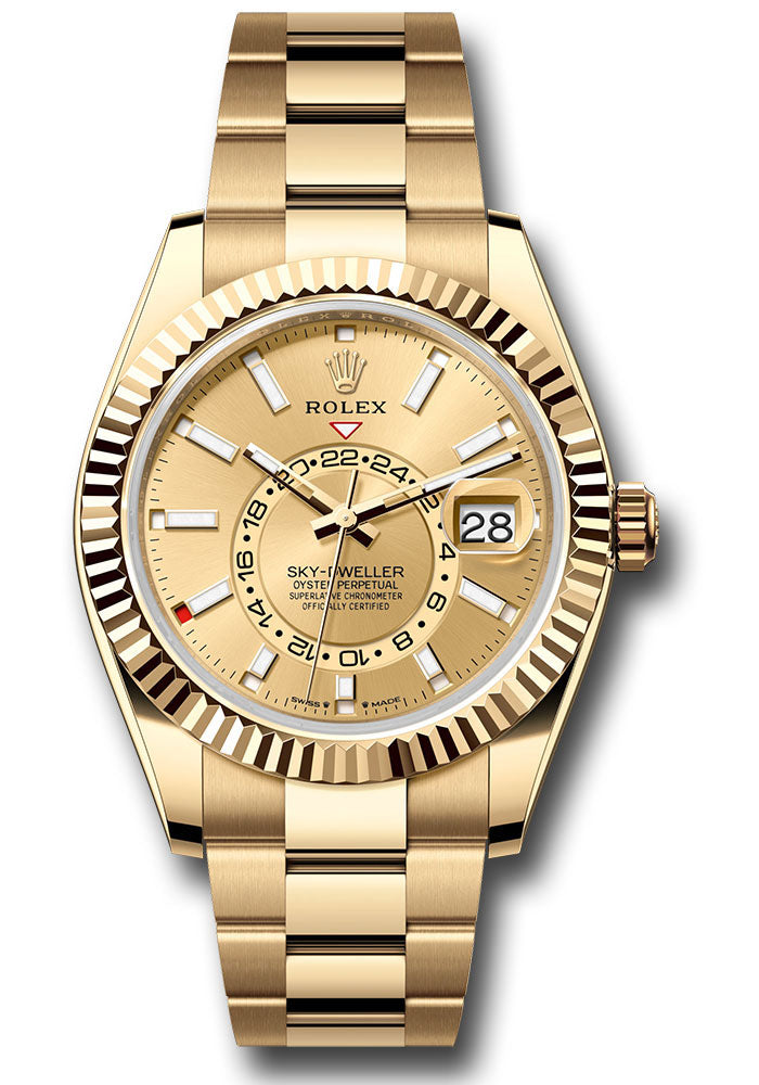 Rolex Yellow Gold Sky Dweller Watch - 42 MM - Oyster Bracelet - Fluted Ring Command Bezel - Champagne Index Dial - 336938 chio