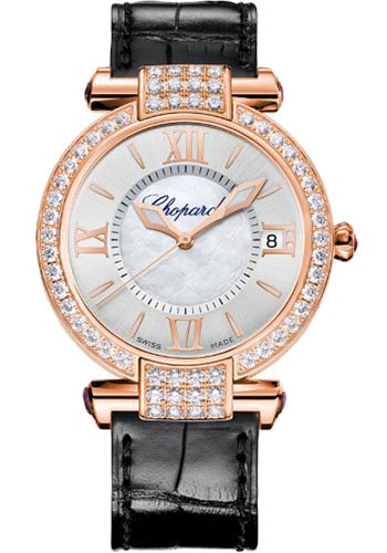 Chopard Imperiale Rose Gold 36 MM - Black Leather Strap - Diamond Bezel - Silver Dial - 384822-5002