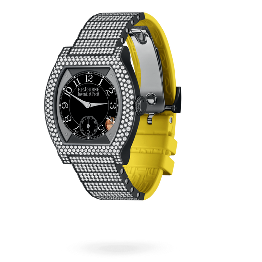 F.P. Journe Elégante Titanium Titalyt® with 12 rows of diamonds and set bracelet 40 x 35 MM - Titanium Diamond Bracelet Yellow Rubber Strap - Diamond Bezel - Black Dial - Titalyt® with 12 rows of diamonds and set bracelet