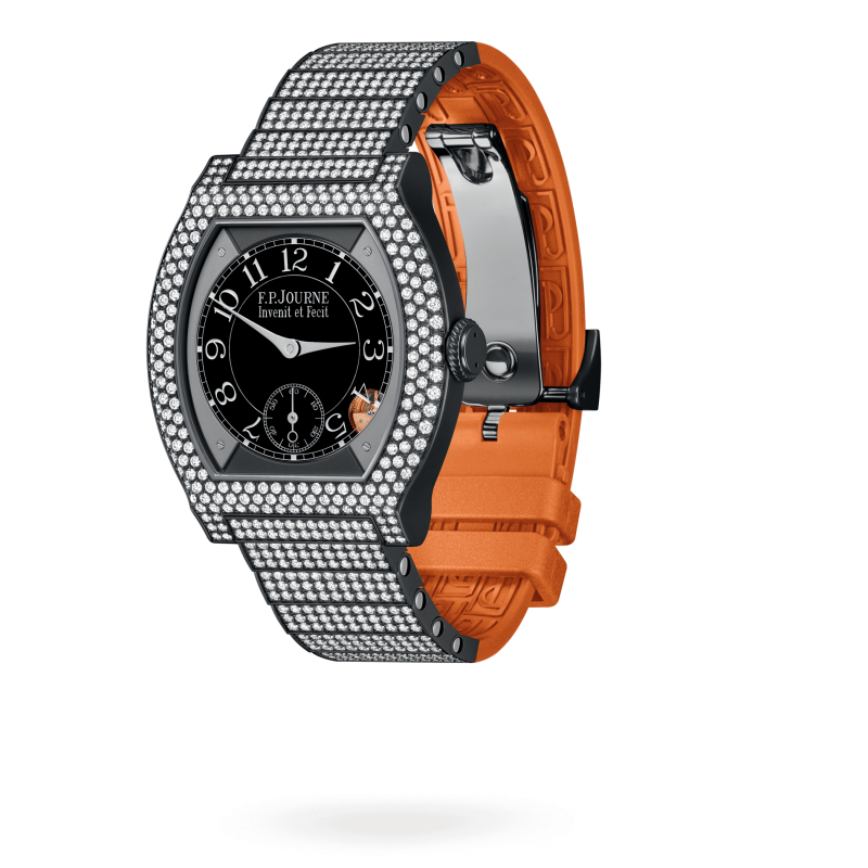 F.P. Journe Elégante Titanium Titalyt® with 12 rows of diamonds and set bracelet 40 x 35 MM - Titanium Bracelet Diamond and Orange Rubber Strap - Diamond Bezel - Black Dial - Titalyt® with 12 rows of diamonds and set bracelet