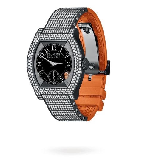 F.P. Journe Elégante Titanium Titalyt® with 12 rows of diamonds and set bracelet 40 x 35 MM - Titanium Bracelet Diamond and Orange Rubber Strap - Diamond Bezel - Black Dial - Titalyt® with 12 rows of diamonds and set bracelet