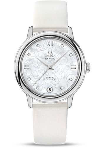 Omega De Ville Stainless Steel 32.7 MM - White Leather Strap - Mother-Of-Pearl Diamond Dial - 424.12.33.20.55.001