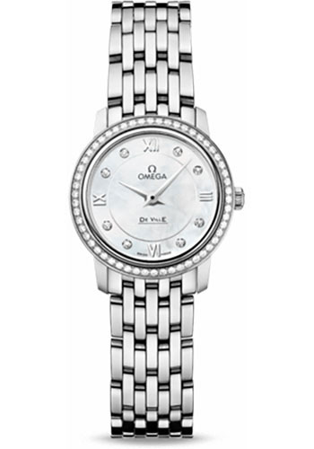 Omega De Ville Stainless Steel 24.4 MM - Stainless Steel Bracelet - Diamond Bezel - White Mother-Of-Pearl Diamond Dial - 424.15.24.60.55.001