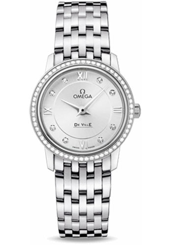 Omega De Ville Stainless Steel 27.5 MM - Stainless Steel Bracelet - Diamond Bezel - Silver Diamond Dial - 424.15.27.60.52.001