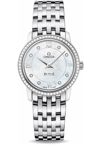 Omega De Ville Stainless Steel 27.5 MM - Stainless Steel Bracelet - Diamond Bezel - White Mother -Of- Pearl Dial - 424.15.27.60.55.001